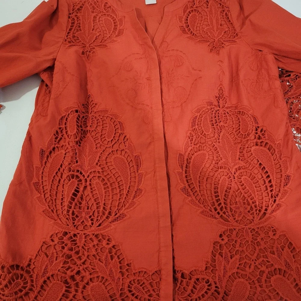 Chicos Button Up Tunic Top Womens 12/14 Terre Cotta Crochet 3/4 Sleeve Boho